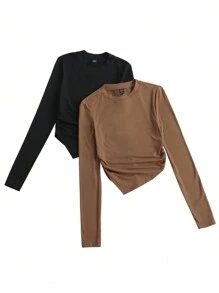 SHEIN BASICS 2pcs Solid Color Knit Long Sleeve Fitted Round Neck Asymmetrical Hem Women T-Shirts, Casual - Multicolor - View 3
