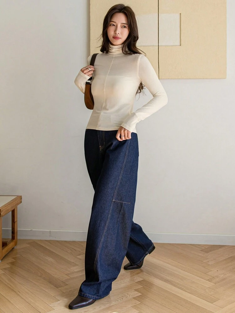 High Neck Slim Fit Solid Color Simple T-Shirt For Women Long Sleeve Women Tops,Fall Women Clothes Business Casual Woman Work Clothes