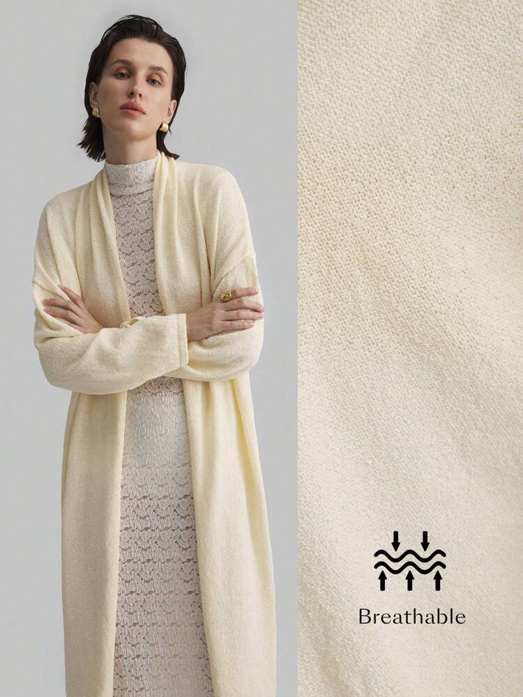 Women's Chic Cream White Autumn Everyday French Style Long Sleeve Cardigan,2025 New Spring Cream Yellow Knitted Texture Crew Neck Sweater Outerwear