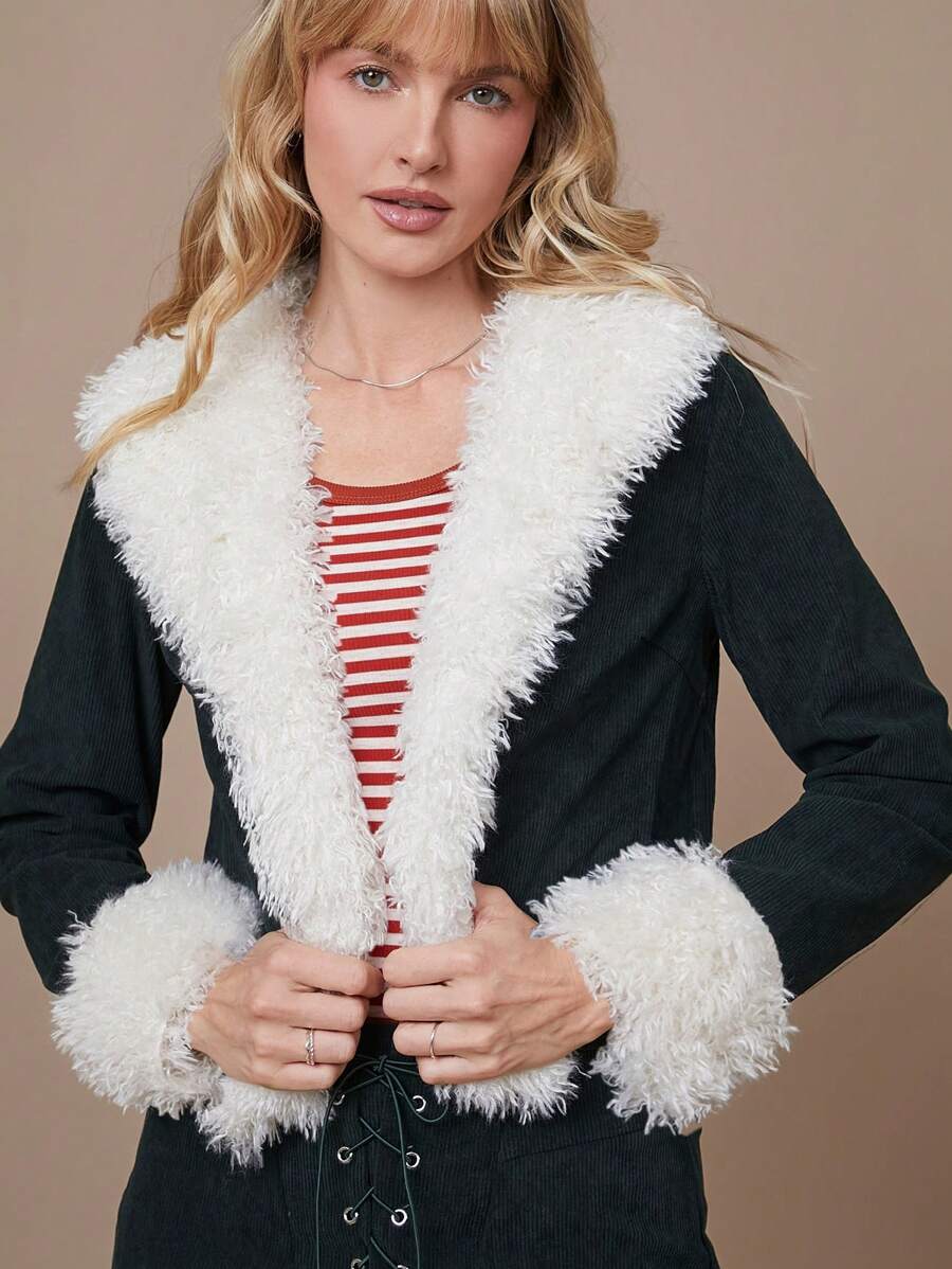 WESTFADE Faux Fur Trim Corduroy Boho Cropped Jacket Western Nashville Outfits - Dark Green - View 1