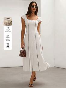 COSMINA Cream-Color Linen Blend Color Block Fitted Sleeveless A-Line Old Money Style Elegant Dress For Women, Spring/FAll,Sun Dress,Summer Dresses For Women
