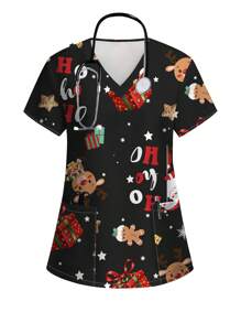 PopScrub Christmas Cute Cartoon Santa Claus, Reindeer, Gingerbread Print Uniform Scrub Top - White - View 1