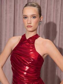 KHELA THE LABEL Designer Elegant Women's Red Coated Sleeveless Backless Ruched Sexy Party Mini Dress, For Holiday Outfit, Birthday Outfits, Festival, Wedding, Prom Dress, Graduation Dress, Women Summer Dresses