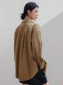 Dazy-Less Áo sơ mi nhung kẻ tay dài dáng rộng cho nữ, trang phục công sở thường ngày mùa thu cho nữ - Lạc đà - Xem 5
