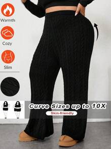 SHEIN CURVE+ Plus Size Women Solid Color Minimalist High Waist Jacquard Flare Pants, Knitted Trousers For Casual Daily Wear, Autumn & Winter - Black - View 1