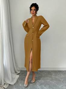Elenzga Women's Front Button Long Sleeve Pocket Minimalist Casual Long Jacket