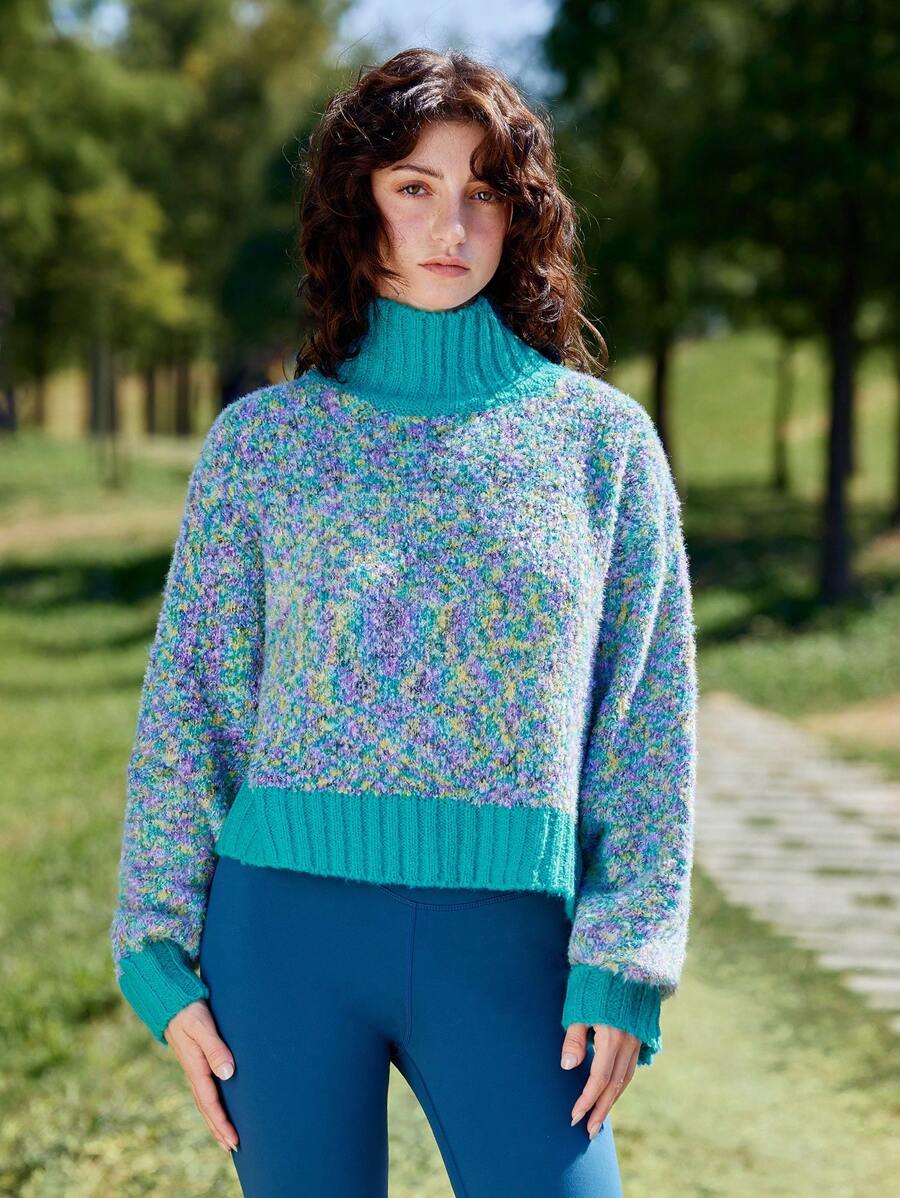 Skyraze Women Blue-Green High Neck Contrast Color Mixed Material Sweater, Knit Top For Winter - Multicolor - View 1