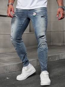 Manfinity LEGND Men's Light Blue Washed Stretch Denim Skinny Jeans - Light Wash - View 3