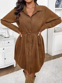 SHEIN Frenchy Plus Size Casual French Style Waist Drawstring Solid Color Asymmetric Hem Dress