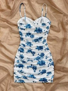 Soleia Vestido corto de slip casual con estampado de malla elástica con flores azules y blancas y pliegues, adecuado para vacaciones