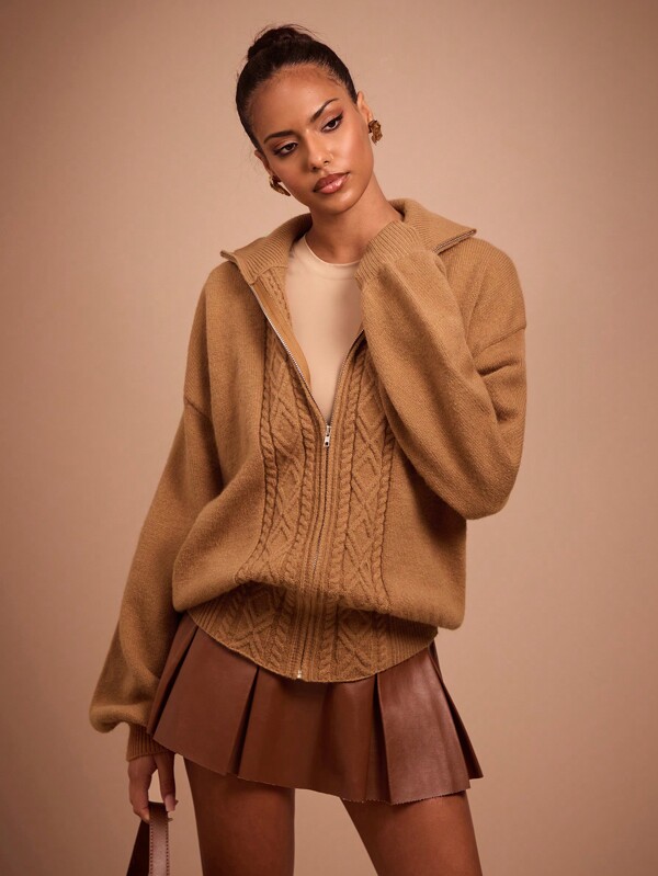 COSMINA Chaqueta casual con cremallera de mujer de unicolor con hombros caídos y corte holgado