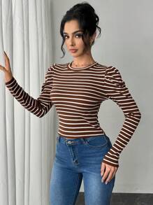 SHEIN Privé 女士条纹泡泡袖修身长袖 T 恤上衣 - 棕色 - 查看 4