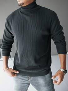 Manfinity CityGents Jerseys de cuello alto de color negro liso de manga larga para hombre, ideales para el otoño y el invierno