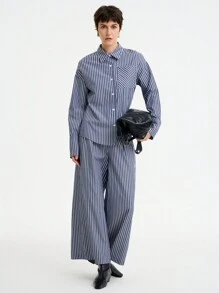 SHEIN LUNE Set de 2 piezas de camisa de manga larga a rayas y pantalón de pierna ancha informal para mujer - Azul y blanco - Ver 3