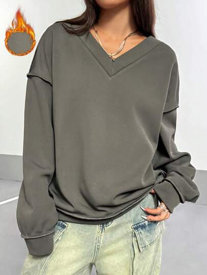 StreetHx Women's Plain Casual V-Neck Front & Back Wearable Long Sleeve Loose Sweatshirt Pullover Fall Outfit