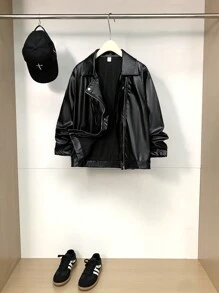 SHEIN 1 chiếc áo khoác lót nhiệt mát mẻ thường ngày cho bé trai tuổi teen, áo khoác xe máy phong cách đường phố có cổ bẻ, thích hợp cho mùa đông, tiệc tùng và các hoạt động ngoài trời - màu đen - Xem 4