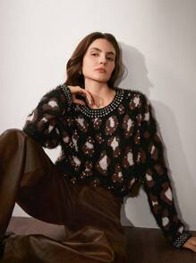 Anewsta 女士豹纹珍珠和水钻毛绒圆领长袖毛衣上衣，春秋季，新年 - 彩色 - 查看 5