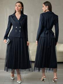 Modelyn Double-Breasted Jacket With Pleated Mesh Skirt Suit Set For Women 2 Pieces Set - Dark Grey - View 1