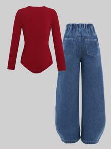 SHEIN Dopasowany kombinezon dla nastolatek i luźne asymetryczne jeansy z szerokimi nogawkami, modny uniwersalny design do codziennego noszenia