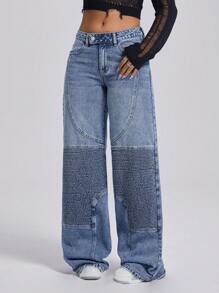 SHEIN ICON Women's Low-Waisted Embroidered Vintage Straight Leg Jeans Low Rise Straight Leg Jeans - Medium Wash - View 6