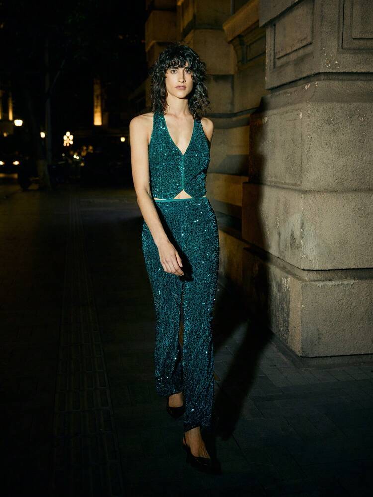 SHEIN Maija Elegant Shimmer Sleeveless Backless V-Neck Top & High Waisted Wide Leg Pants Co-Ord Set, Versatile For Party, Office, Urban Chic, Olive Green