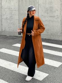SHEIN EZwear Plus Size Loose Grey Overcoat For Autumn/Winter - Coffee Brown - View 8