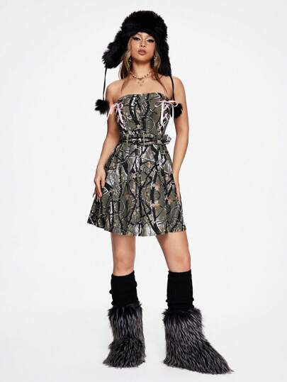 Street Life Y2K Streetwear Satin Bow Camouflage Print Denim Dress For Women