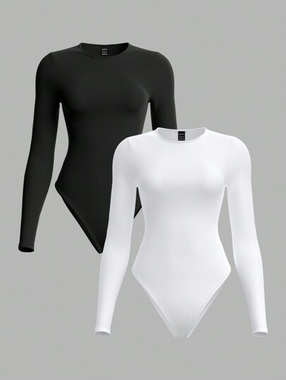 SHEIN BASICS 2ks/Sada Dámské jednobarevné pletené body s kulatým výstřihem a dlouhým rukávem, ležérní