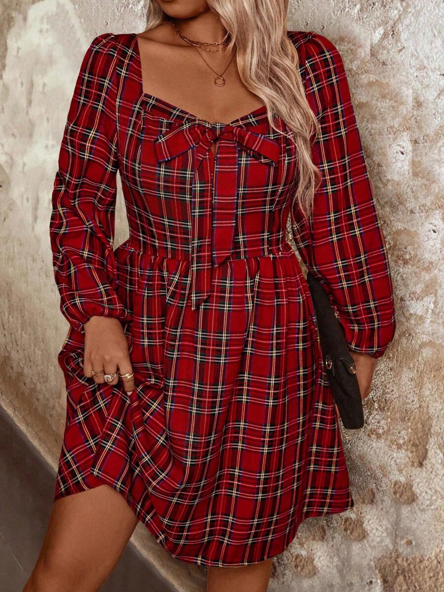 EMERY ROSE Plus Size Women's Casual Plaid Bow Tie Sweetheart Neck Lantern Sleeve Dress, Spring/Summer For New Year Fall Cloth For Women - Red - View 1