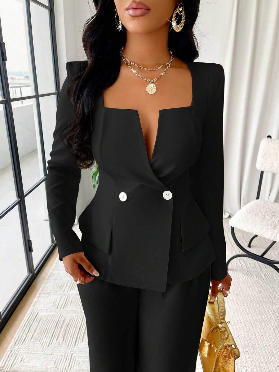 SOLERSUN Solid Color Square Neck Double Breasted Flap Detail Blazer - Black - View 1