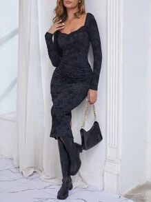 INAWLY Vestido ajustado con adorno de encaje y estampado floral, estilo europeo