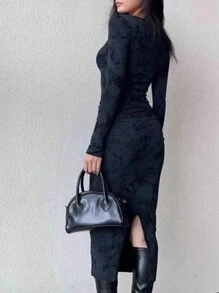 INAWLY Vestido ajustado con adorno de encaje y estampado floral, estilo europeo