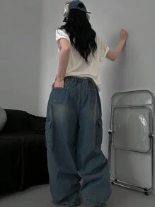 DAZY 1 件女士纯色口袋休闲宽松阔腿牛仔裤，宽松牛仔裤 - 深色水洗藍 - 查看 9