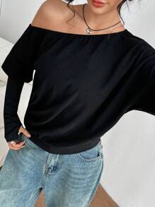 SHEIN Unity Autumn/Winter Casual Oblique Shoulder Elastic Cuff Long Sleeve T-Shirt Fall Cloth For Women - Black - View 4