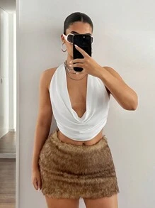 SHEIN ICON 系带纯色露背低胸垂褶领无袖性感背心新年夜外出上衣 - 白色 - 查看 3