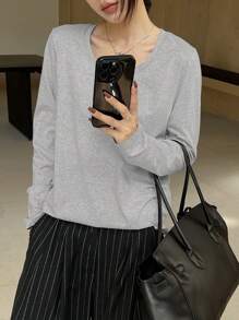 DAZY Camiseta casual de manga larga con cuello redondo de un solo color, versátil, para mujer