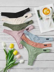 Women's High Stretch Plain Multicolor Fabric Thong Panties - Multicolor - View 7