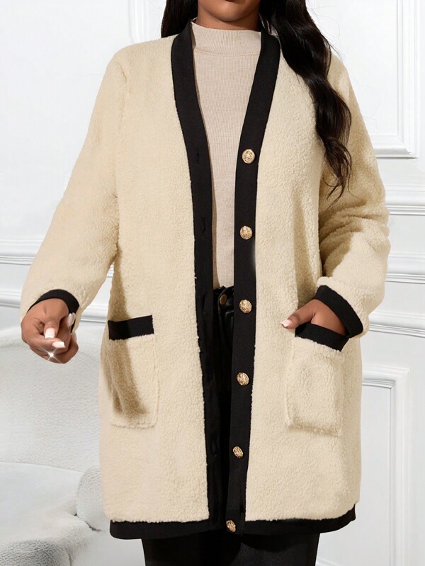 SHEIN Lady Autumn And Winter Casual Elegant And Dignified Retro Office Color Block Binding New Long-Sleeved Plus Size Windbreaker Winter Coat Business Casual Women Small Fragrant Style Lamb Wool Coat