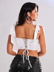 SHEIN SXY New Year's Elegant Sexy Nightclub Must Have Valentine's Day Luxury Party White Satin Pull-Up Tank Top With Metal Trim