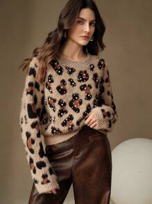 Anewsta Leopard Print Studded & Rhinestone Fluffy Long Sleeve Sweater Top, Women New Year , Spring/Autumn Knit Pullover Fall Winter - Khaki - View 5