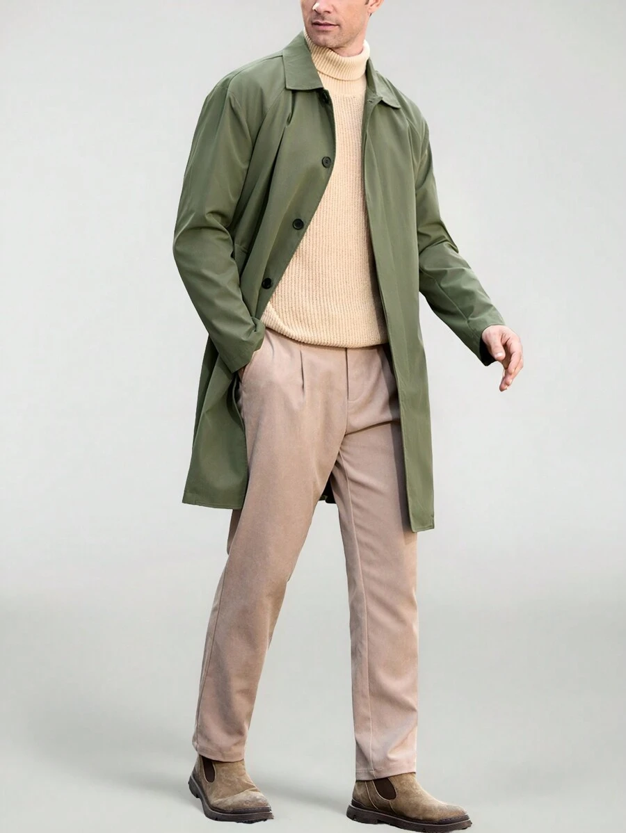 Manfinity VCAY Men's Thermal Lined Turndown Collar Long Sleeve Trench Coat, Autumn Winter Fall Clothes