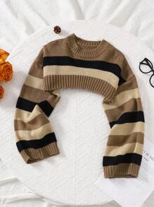 SHEIN Tween Girls Brown Color Stripe Pattern Drop Shoulder Super Crop Y2K Grunge Sweater, Suitable For Daily Wear, Casual Occasion,In Fall/Winter