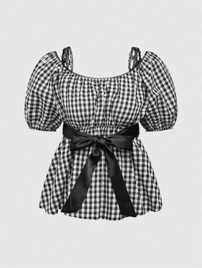 Kawaii Cute Plaid Bow Decor Women Babydoll Blouse
