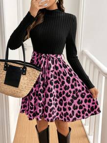 SHEIN Frenchy Women's Solid Color Patchwork Stand Collar Long Sleeve Front Tie Simple Casual Short Dress