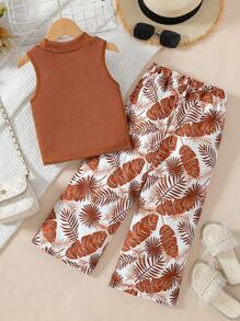 SHEIN Conjunto de 2 piezas de camiseta y pantalón holgado de cintura elástica para niñas pequeñas, ideal para verano, playa, viajes y vacaciones