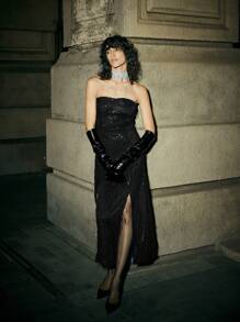 Maija 女士黑色纯色流苏亮片高开叉腰修身超长派对圣诞连衣裙 - 黑色 - 查看 3