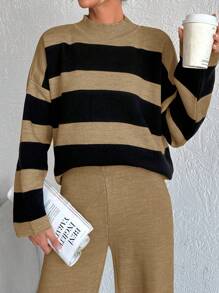 SHEIN Cottnline Striped Pattern Drop Shoulder Sweater & Knit Pants ,Petite Women - Camel - View 5