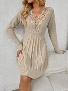 SHEIN LUNE Váy len dệt kim ren dáng rộng thoải mái mới, phong cách châu Âu và Mỹ, đồ dệt kim thời trang cho mùa thu/đông - Màu Khaki - Xem 6