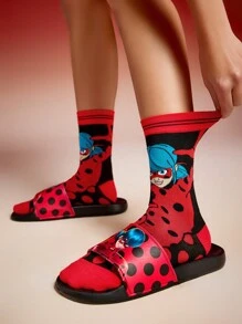 Miraculous Ladybug X SHEIN Cartoon Figure And Polka Dot Print Slippers, Lightweight For Indoor And Outdoor Wear, Spring Shoes, Spring Break Easter For Casual Beach Style