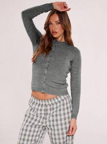 MUSERA Fitted Crew Neck Button Up Cardigan Winter Casual Party - Grey - View 1